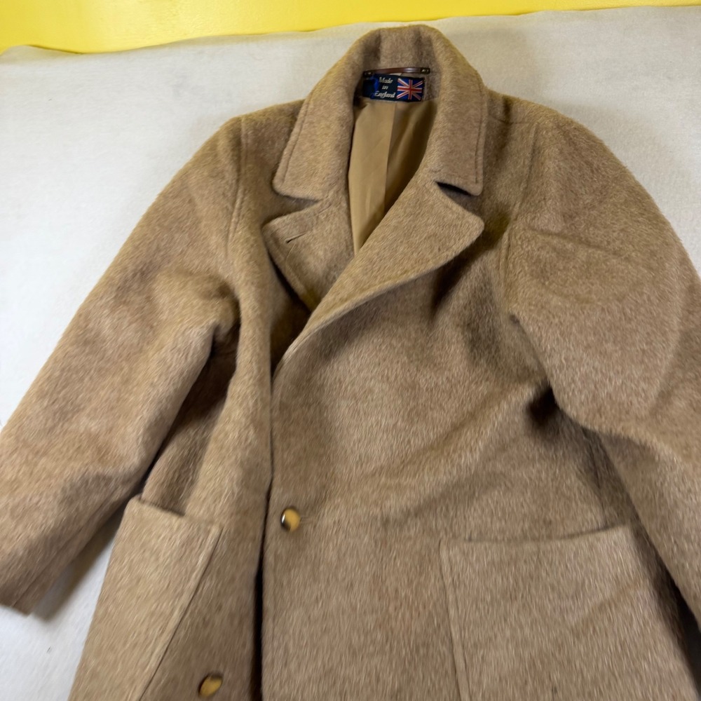 Vintage Made in England Camel Hair Blend Double Breasted Pea Coat Tan Size 10